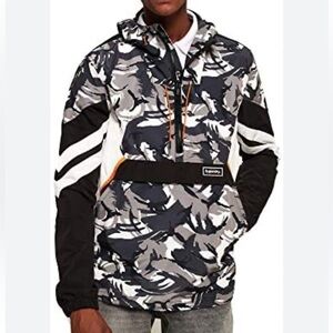 [2XL/PTP26”]Superdry Black Gray Camo 1/2 Zip Lined Men Windbreaker Jacket Biker